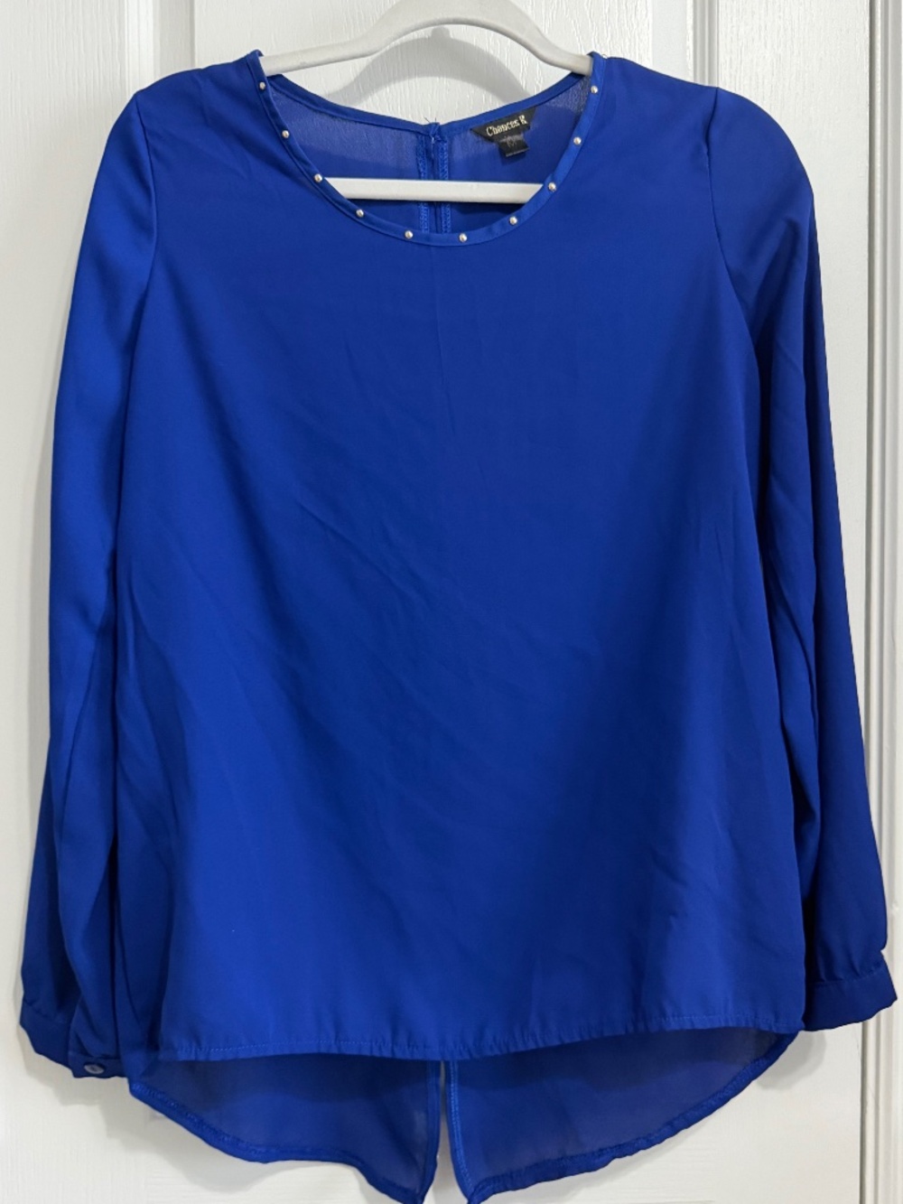 Cherish Royal Blue Studded Neckline Open Split Back Blouse Size S